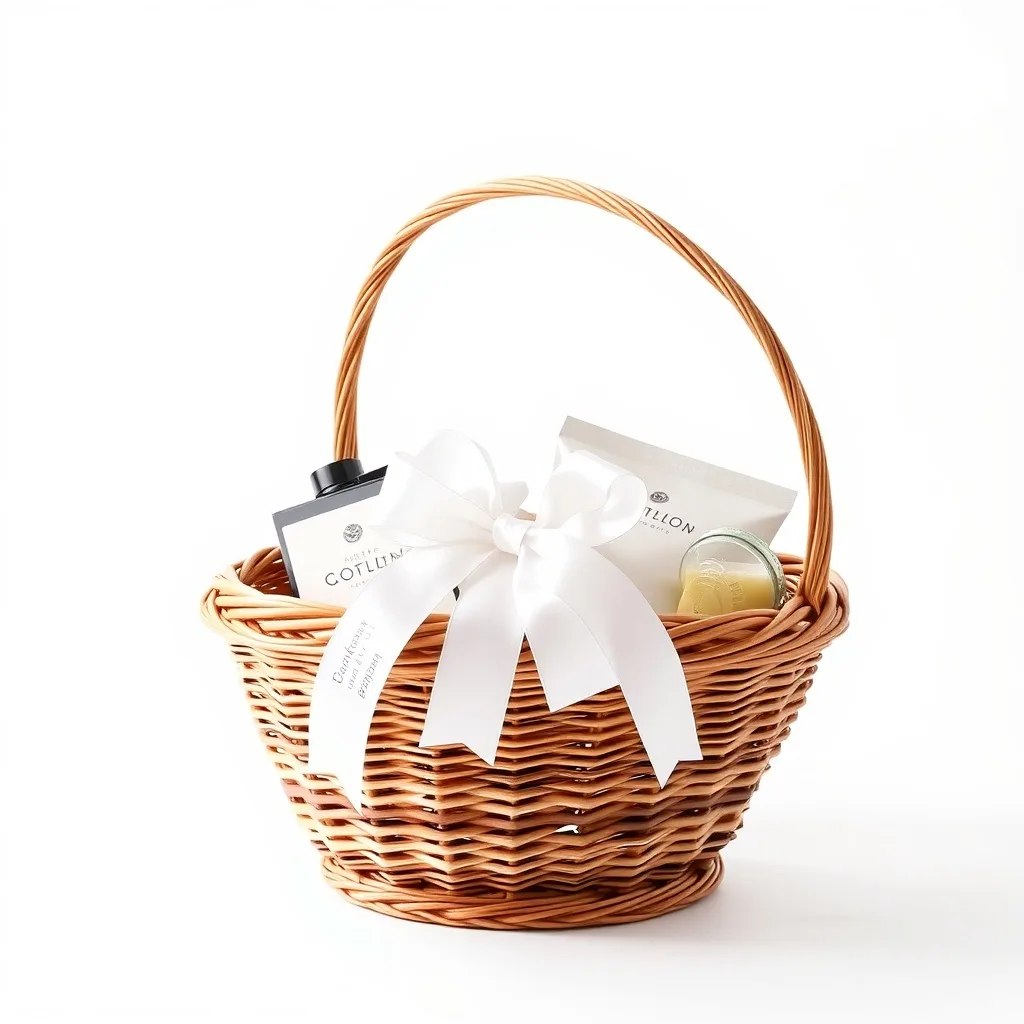 Panier cadeau osier décoratif avec ruban pour boutique cadeaux et coffrets épicerie fine